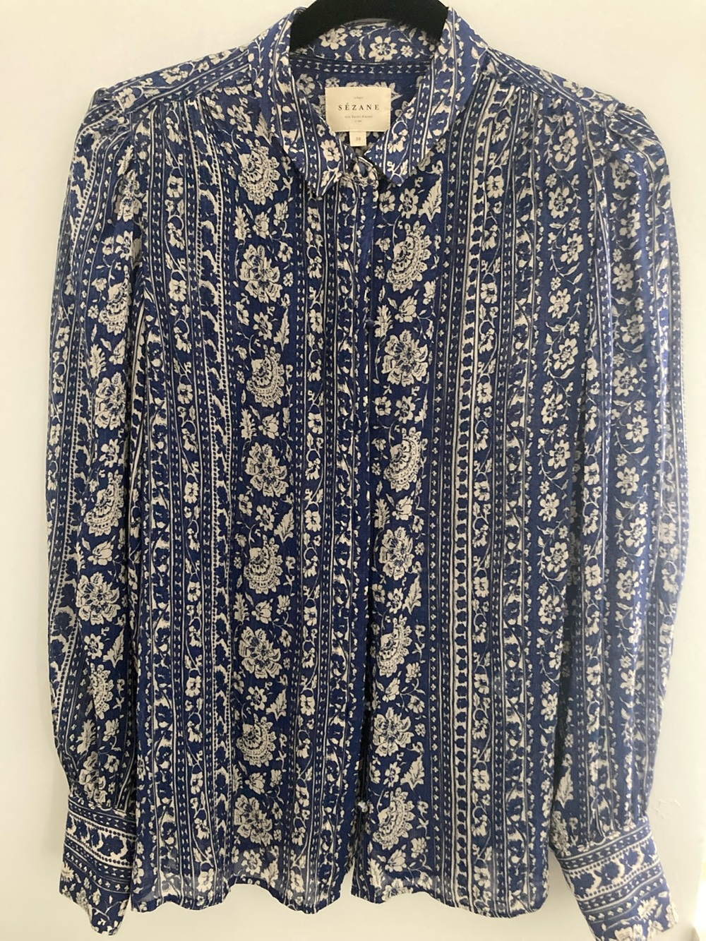 Sezane Blue and White Floral-Stripe Button Down Shirt - Picture 3 of 8